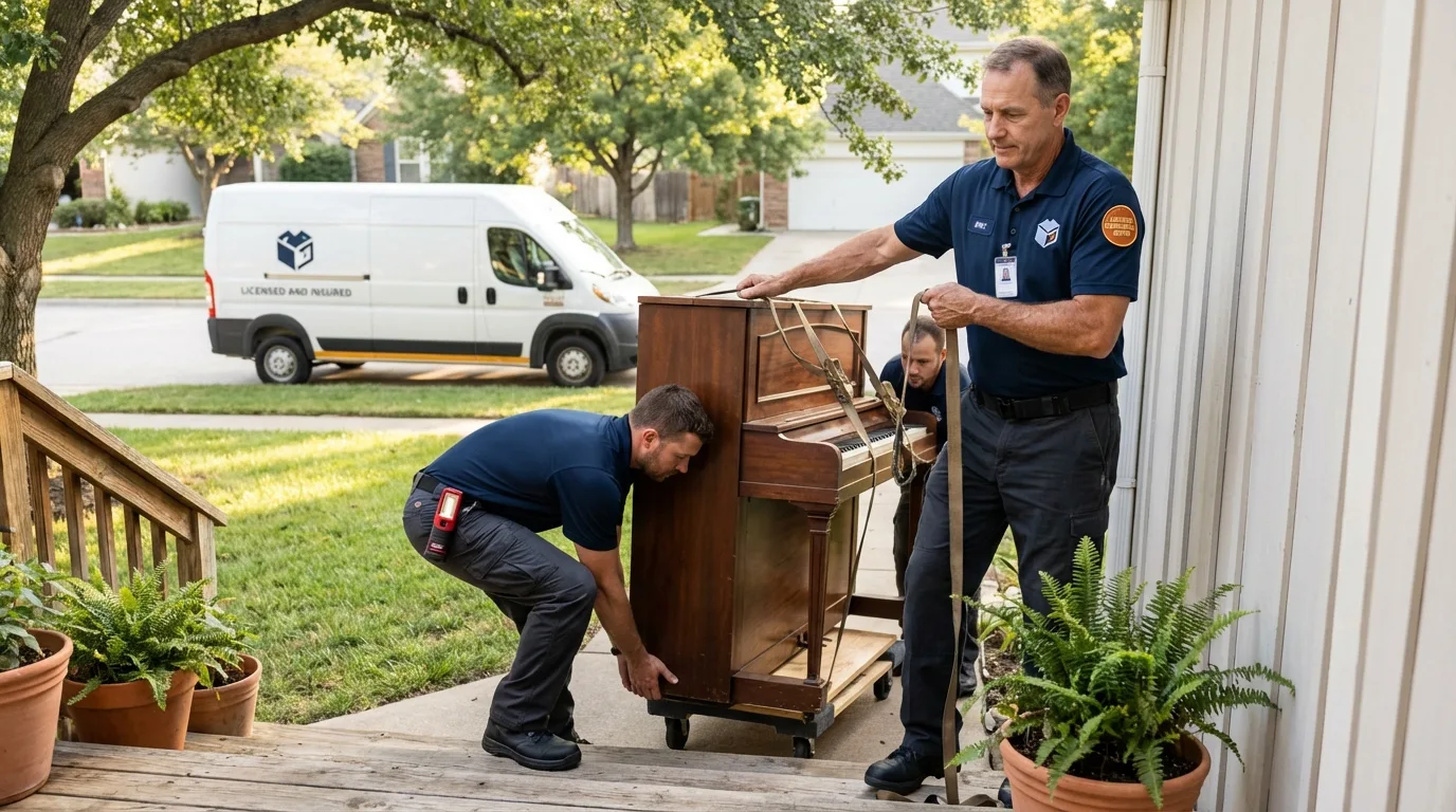 Licensed piano movers securing grand piano in Delavan, IL